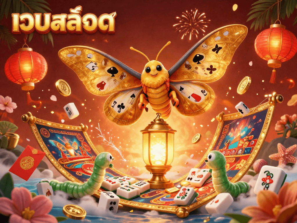 Experience thrilling เว็บสล็อต action with a vibrant, 3D casino scene featuring a majestic atlas moth and casino elements.