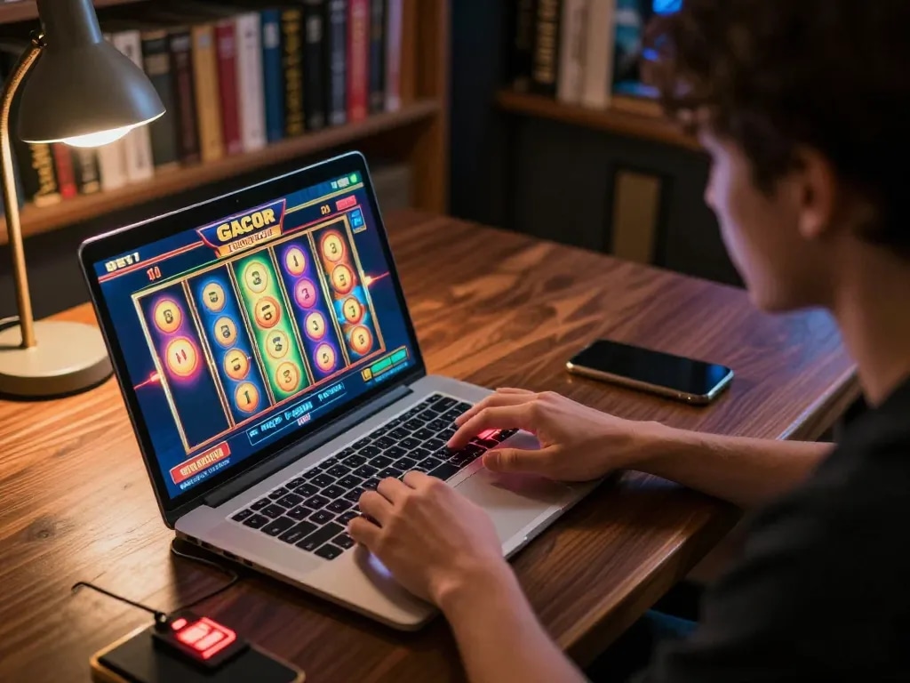 Engaging in exciting slot gacor gameplay on a laptop showcasing vibrant reels and winnings
