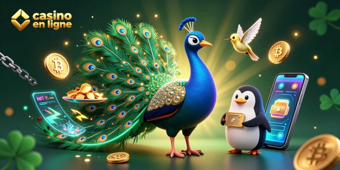 Illustration dynamique de casino en ligne avec un paon aristocratique, un pingouin serveur et un colibri, entourés de pièces de Bitcoin.