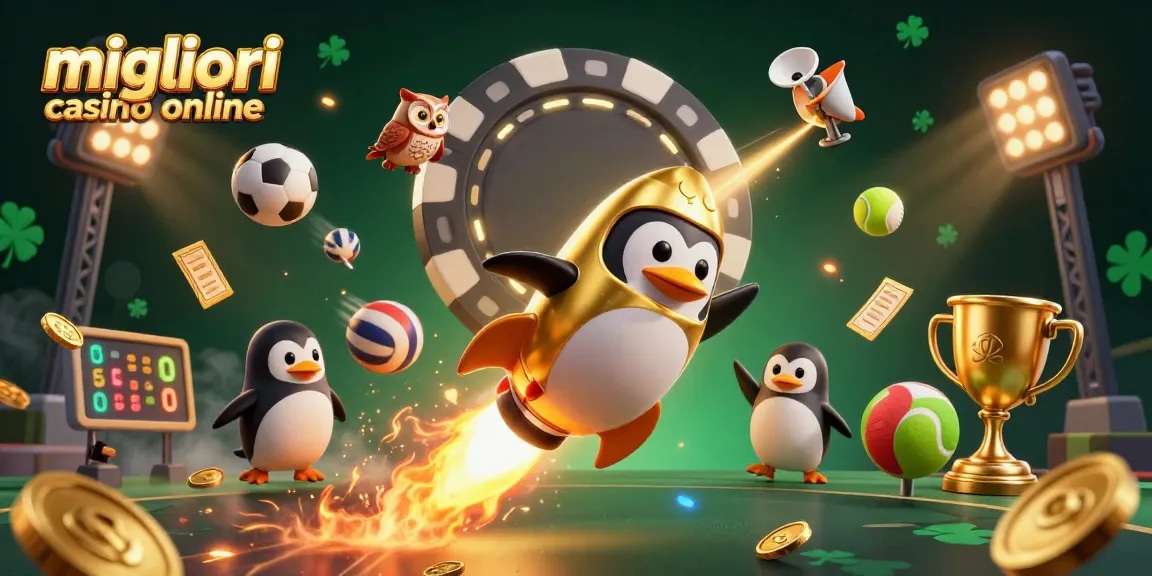 Scopri i migliori casino online mentre un pinguino dorato vola verso un casinò spaziale.