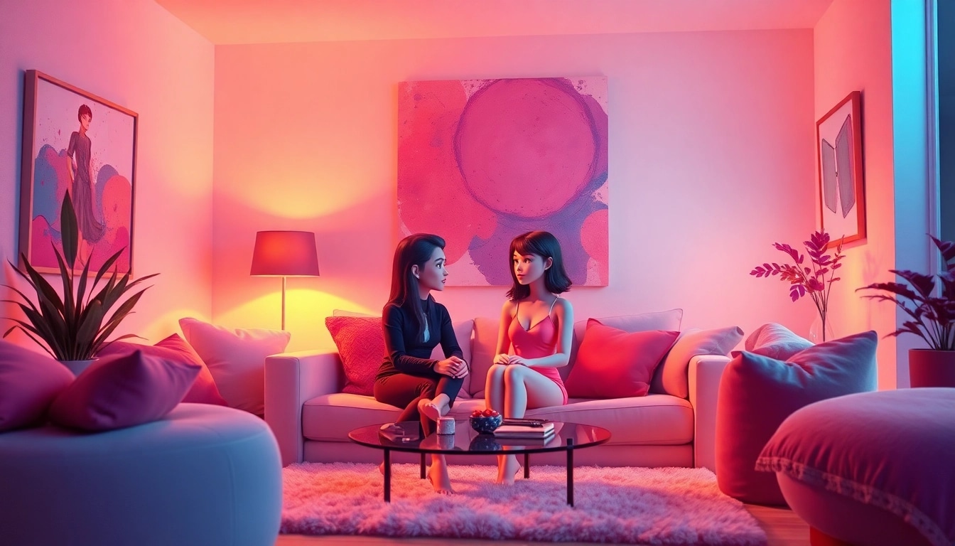Engaging AI characters in a cozy chat environment illustrating sex chat ai interaction.