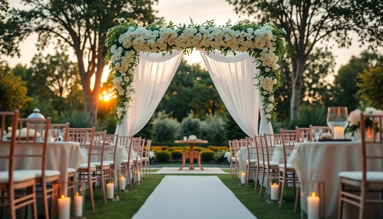 Set up for Wedding & Event Rentals showcasing a beautiful arch with flowers.