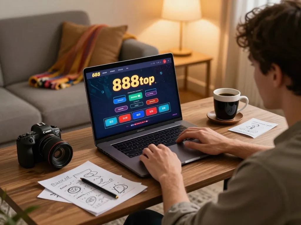 A person engaged in an online game at 888top, enjoying a cozy and strategic home setting.