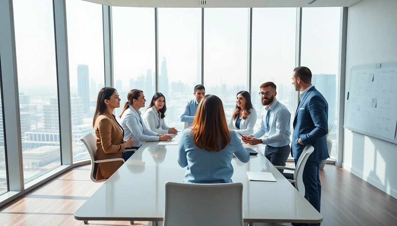Business Consultants in Dubai collaborating in a modern office, showcasing diversity and professionalism.