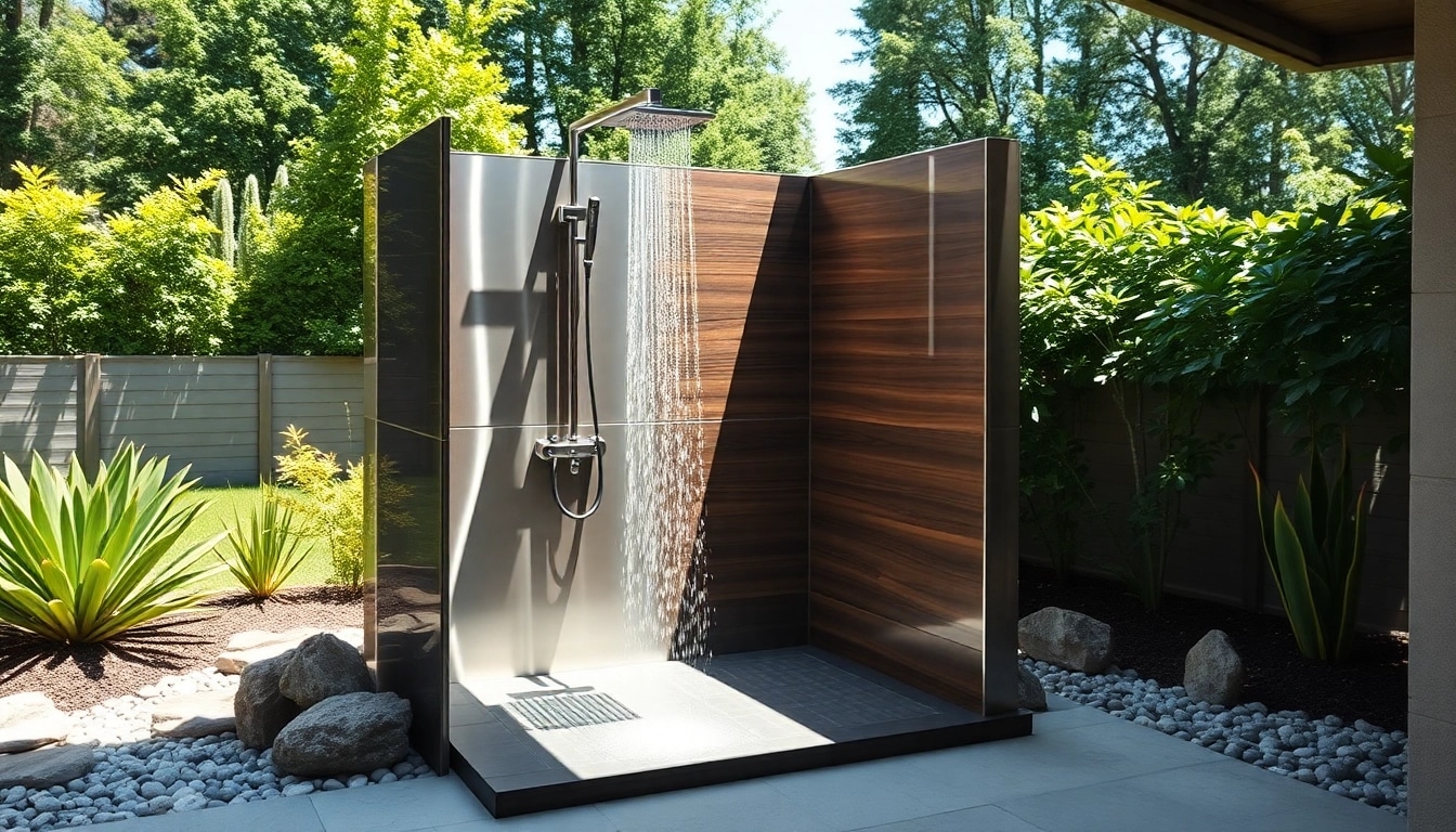 Discover a modern outdoor shower installation by sunny shower usa inc, designed for luxury and relaxation.