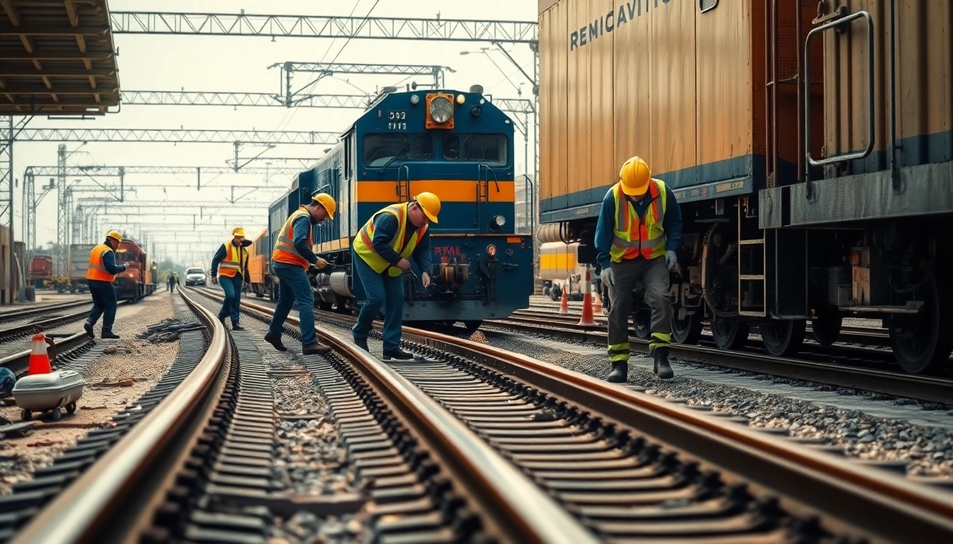 Workers conducting Emergency RailroadRepair at a rail yard wearing safety gear.