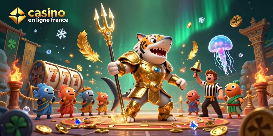 Illustration de casino en ligne France montrant un requin-tigre en armure de gladiateur avec des rouleaux de machine à sous.