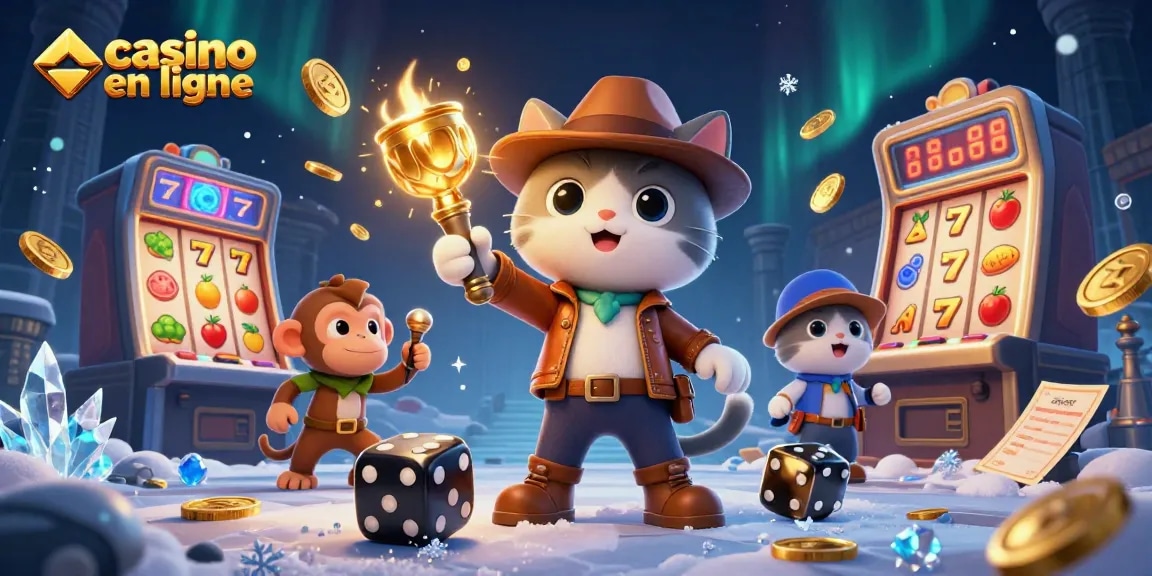 Casino en ligne: illustration dynamique d'un chat archéologue témoignant de trésors et jeux de casino.