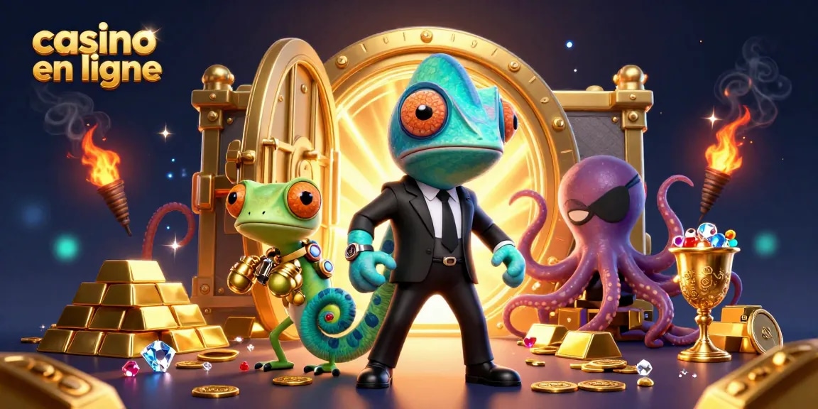 Plongez dans l'ambiance du casino en ligne avec cette illustration captivante qui illustre des personnages colorés et des trésors scintillants.