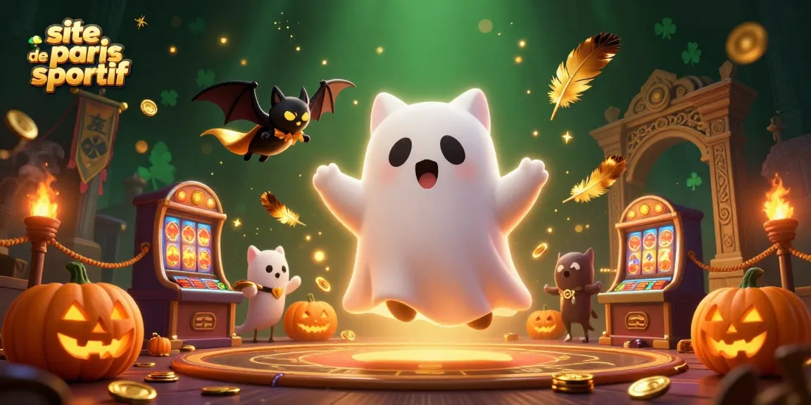 Plongez dans l'univers du site de paris sportif avec un chat fantôme, une chauve-souris vampire et des citrouilles illuminées.