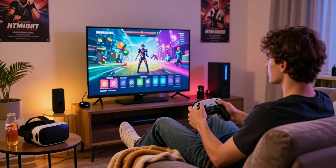 Engaged player enjoying html porn games on a cozy couch with vibrant game visuals