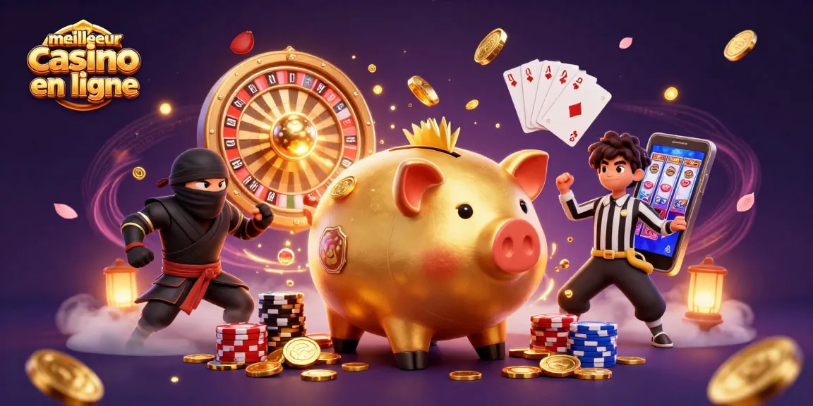 Illustration dynamique d'un meilleur casino en ligne avec un sumo et des éléments de jeu captivants.