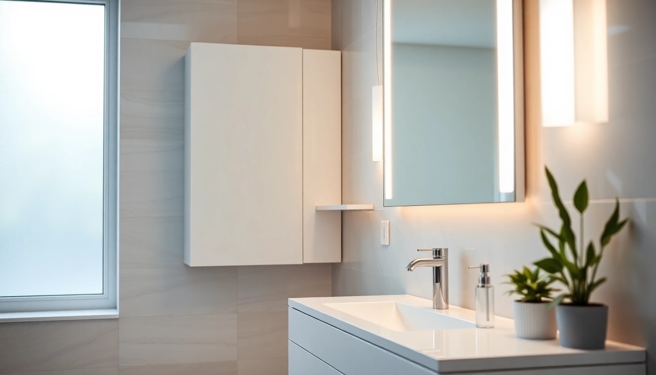 Spiegelschrank mit LED Beleuchtung im modernen Badezimmer mit elegantem Design.