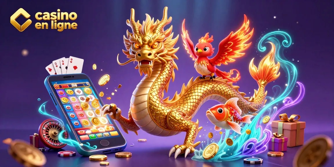 Jouez au casino en ligne avec une illustration de dragons, phoenix et poissons chanceux.