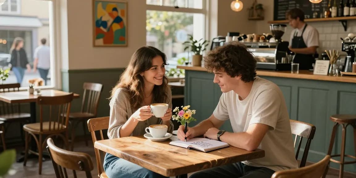 A couple sharing a moment in a cafe, expressing their crush on each other over coffee.