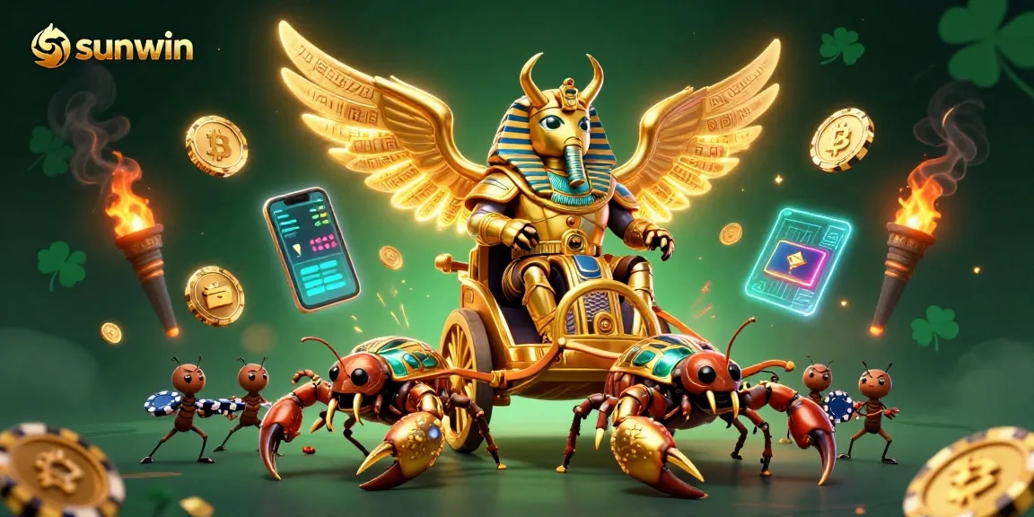 sunwin provides thrilling gaming experiences with golden scarab and glittering coins in an epic casino scene