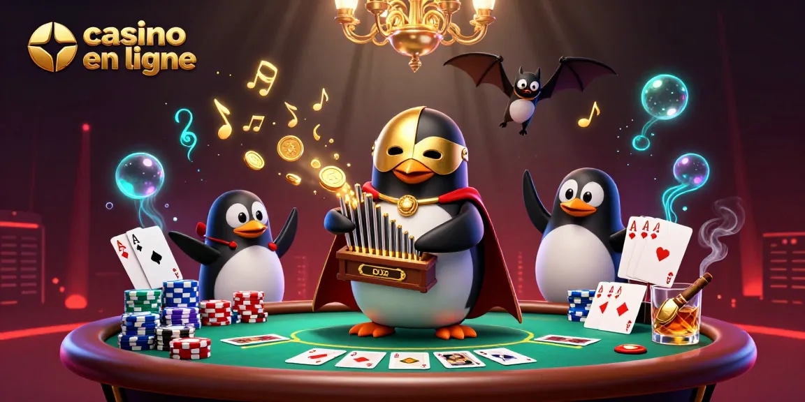 Les personnages de casino en ligne s'affrontent autour d'une table de poker, avec un pingouin acrobate et des pièces d'or.