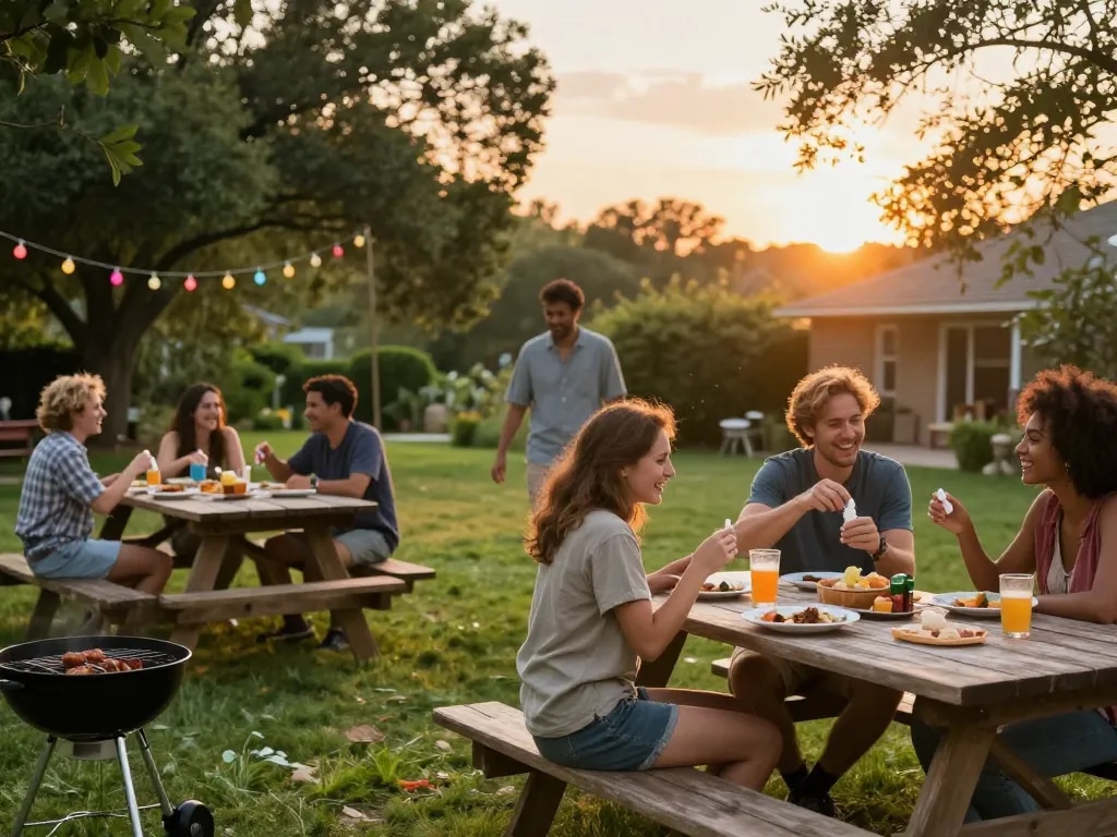 Friends applying mosquito repellent while enjoying a backyard barbecue, ensuring a pleasant outdoor experience.