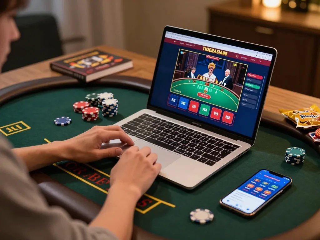 TIGERASIA88 player engaging in live dealer blackjack at home, blending comfort with excitement.