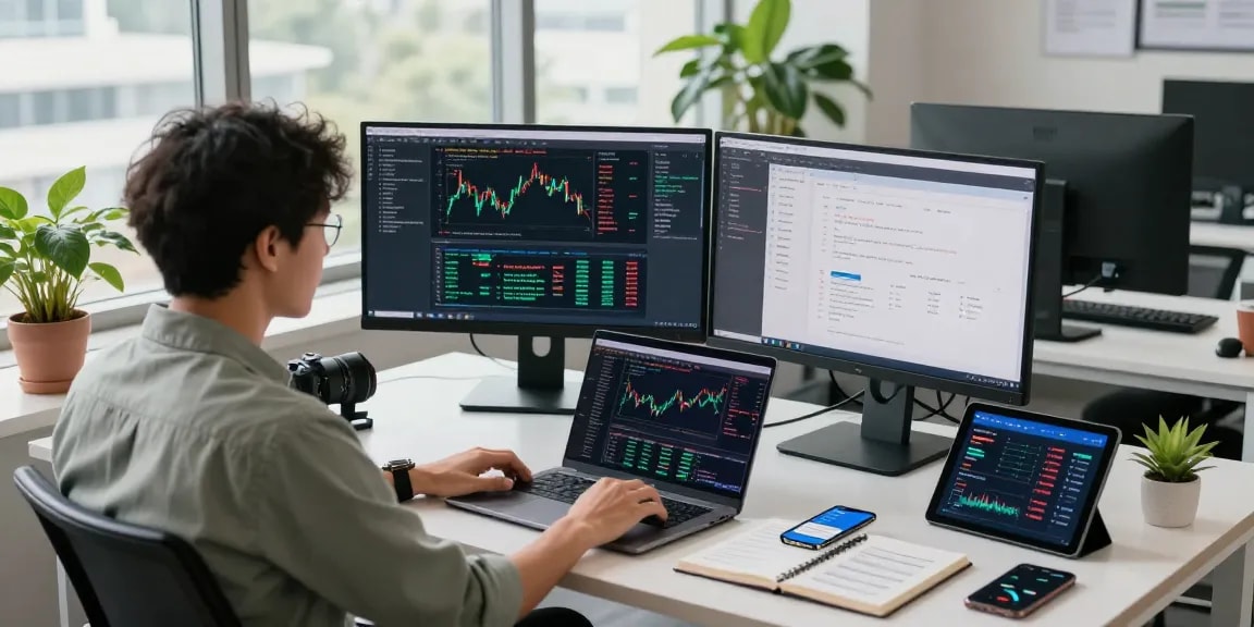 Developer utilizing the Singapore stock fundamental API in a modern workspace with live market data.