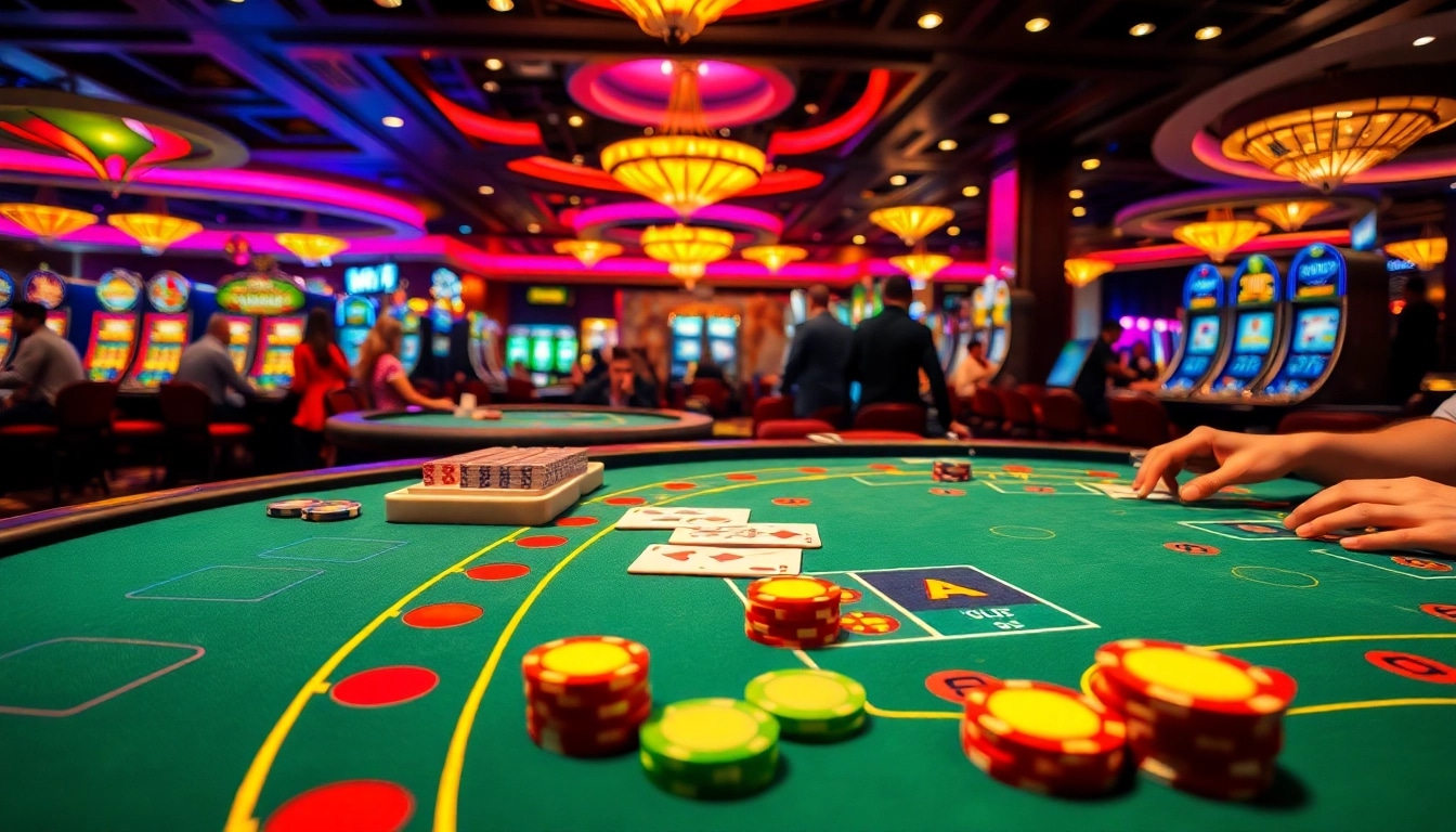 Permainan menarik di situs toto dengan meja kasino yang meriah dan berbagai chip warna-warni.
