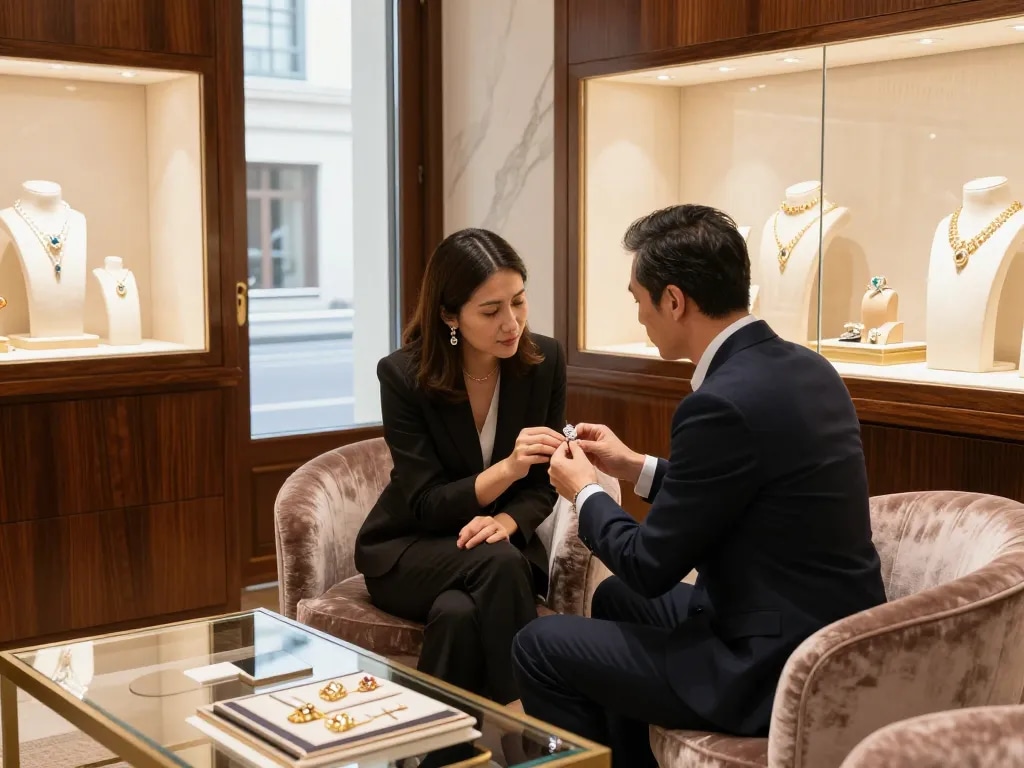 Jeweler showcasing special info on luxury diamond ring in elegant store.
