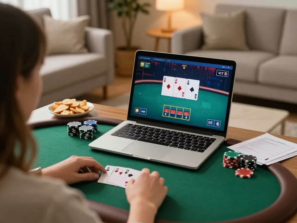 Engage with 388bet in a lively online poker game from a cozy living room.