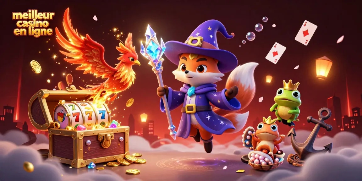 Illustration d'un meilleur casino en ligne avec un renard sorcier, un phénix et un trésor sous-marin riche en pièces d'or.