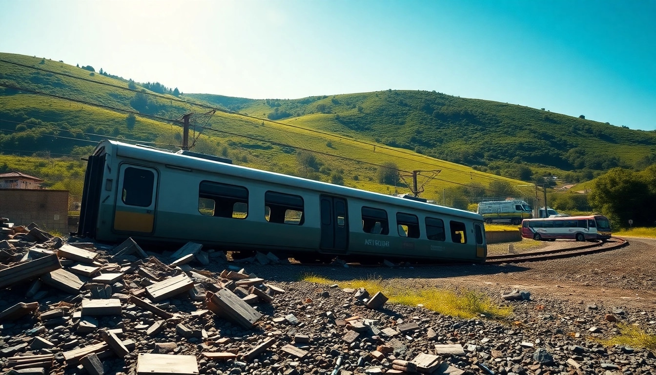 Spain train crash scene with a derailed train car amidst debris and emergency responders.