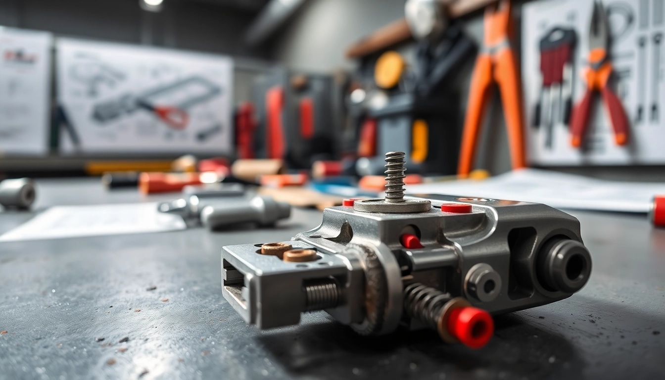 Examine a forced reset trigger mechanism with detailed components showcased on a workbench.