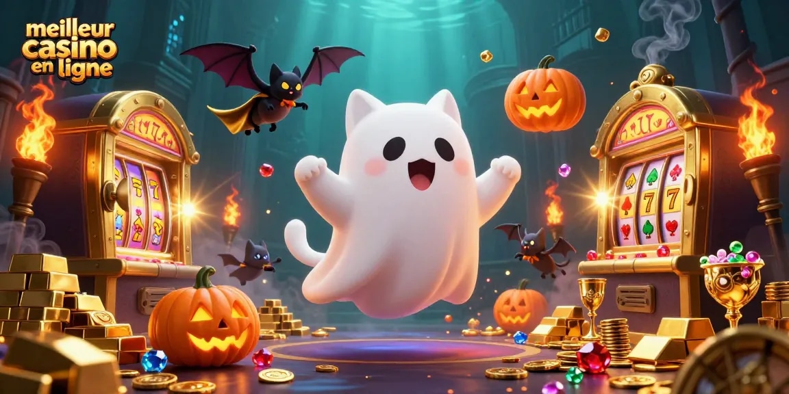 Illustration dynamique des jeux du meilleur casino en ligne avec un chat fantôme et un vampire.