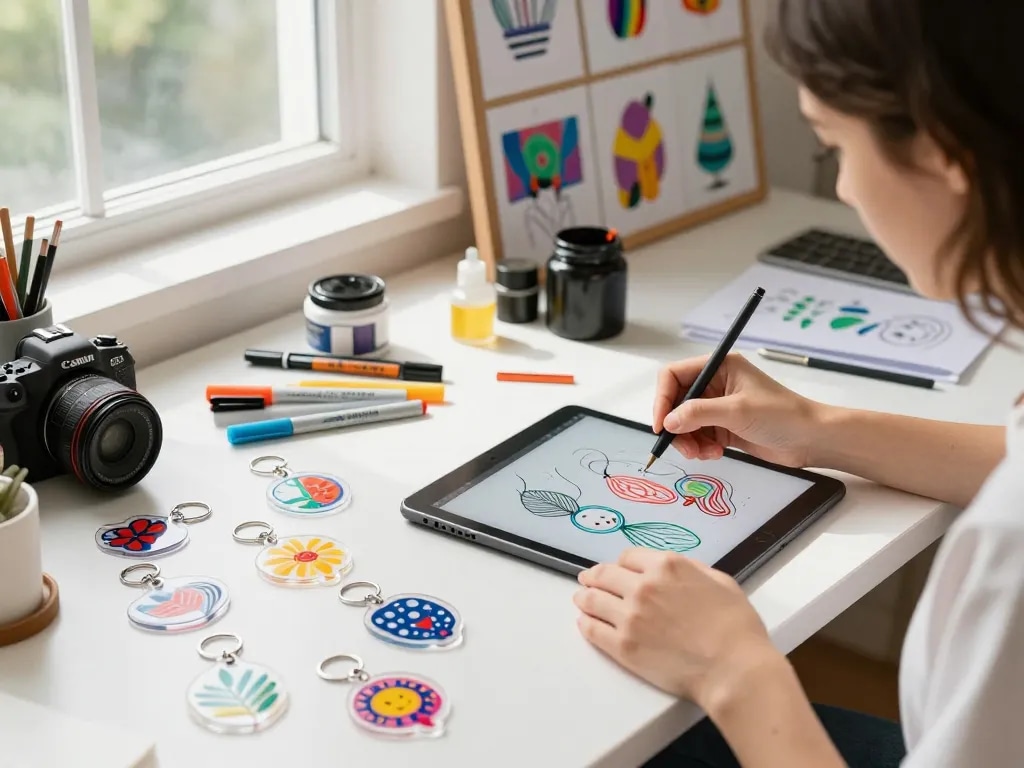 Custom clear acrylic keychains designed on workspace table with vibrant colors and artistic tools.