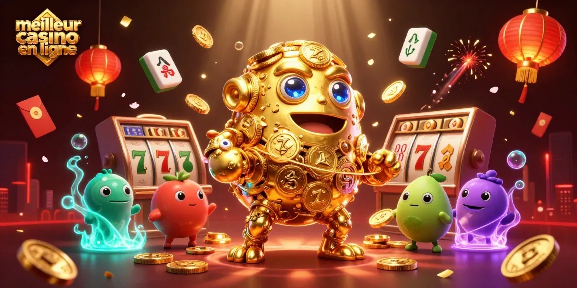 Gagnez au meilleur casino en ligne avec une scène dynamique de machines à sous, jetons d'or et symboles chanceux.