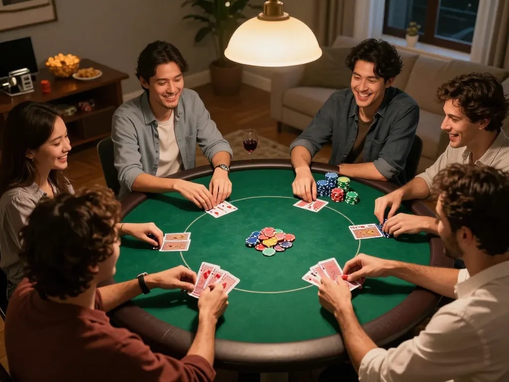 Engaging in สล็อตทดลอง with friends during a lively poker night, showcasing chips and laughter across the table.