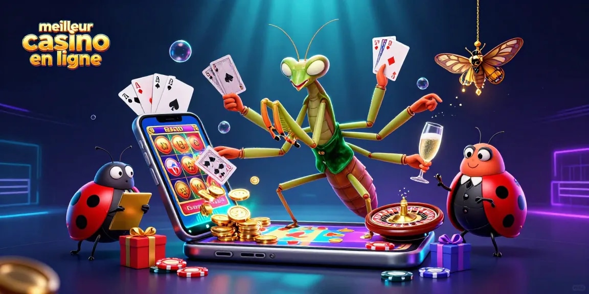 Illustration dynamique illustrant le meilleur casino en ligne avec un caméléon joueur, un patron, et un téléphone à jeux