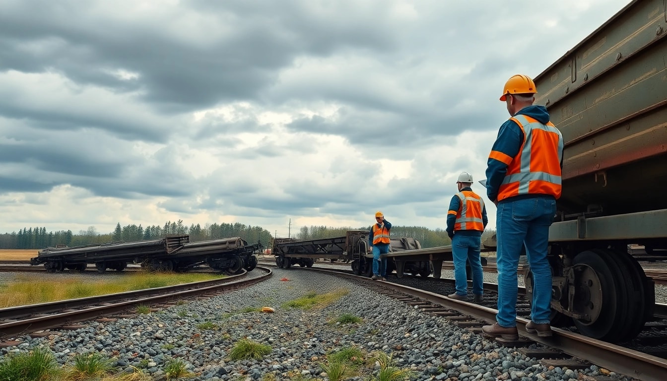 Derailment site with a train response team assessing damaged railway cars after an incident.