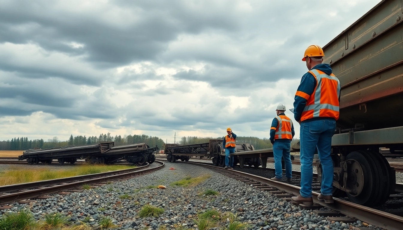 Derailment site with a train response team assessing damaged railway cars after an incident.
