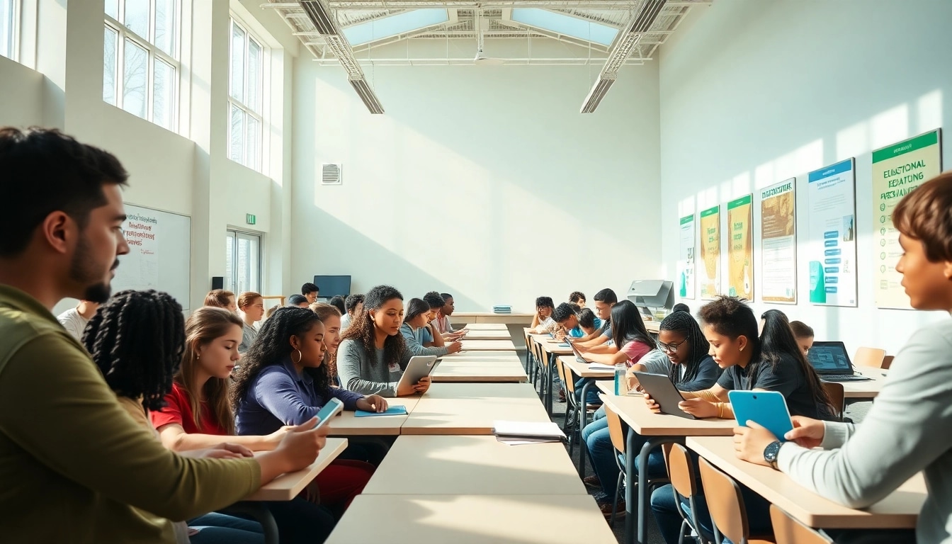 Education scene showcasing diverse students collaborating in a bright, modern classroom.