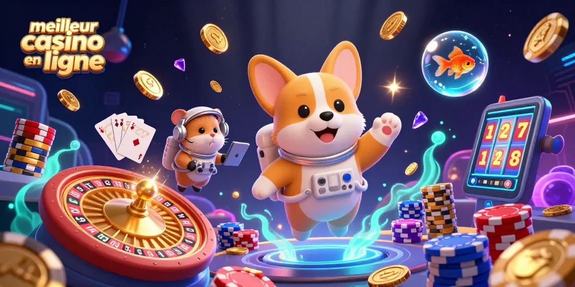 Jouez au meilleur casino en ligne avec un corgi astronaute et des jetons flottants.