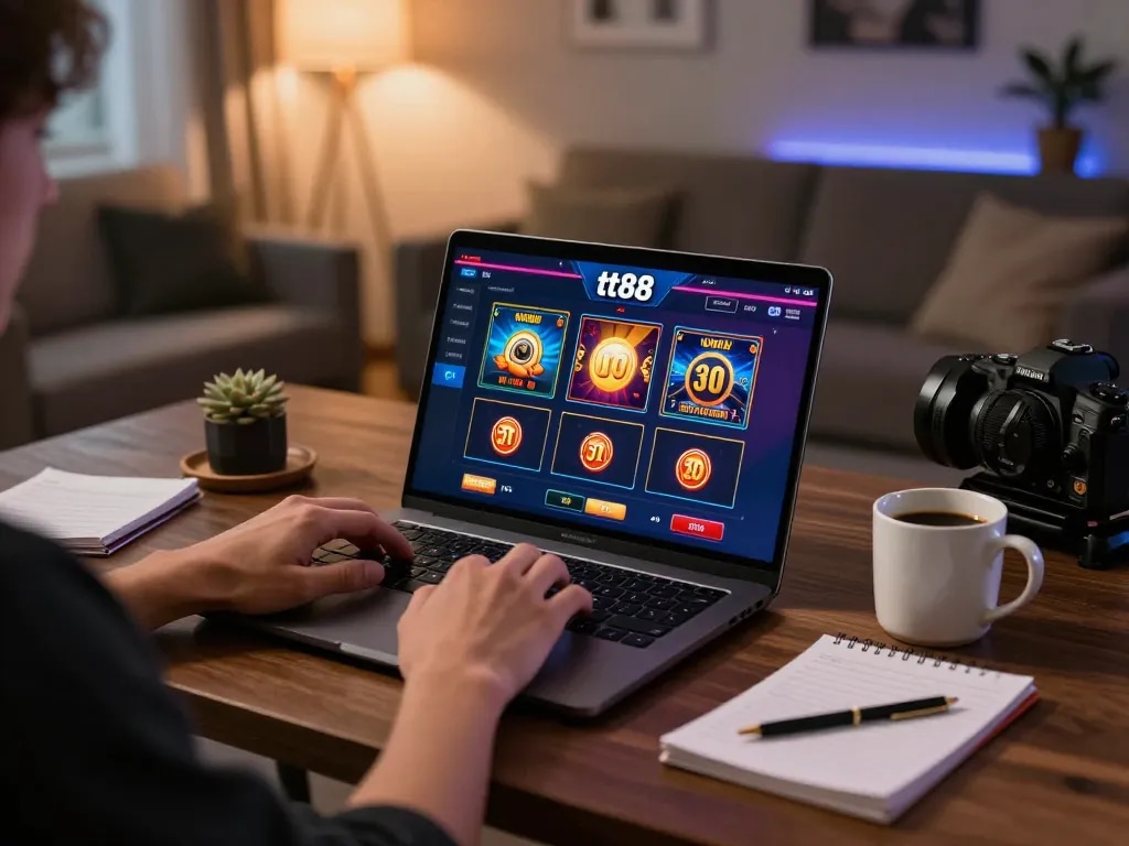 Engaging online gaming scene with tt88 gaming interface on laptop and cozy atmosphere.