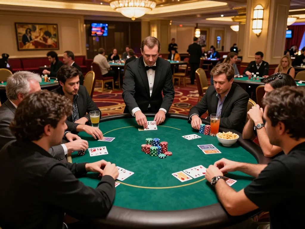 Engage in high-stakes poker at rokok88, showcasing intense gameplay with vibrant chips and strategic bets.