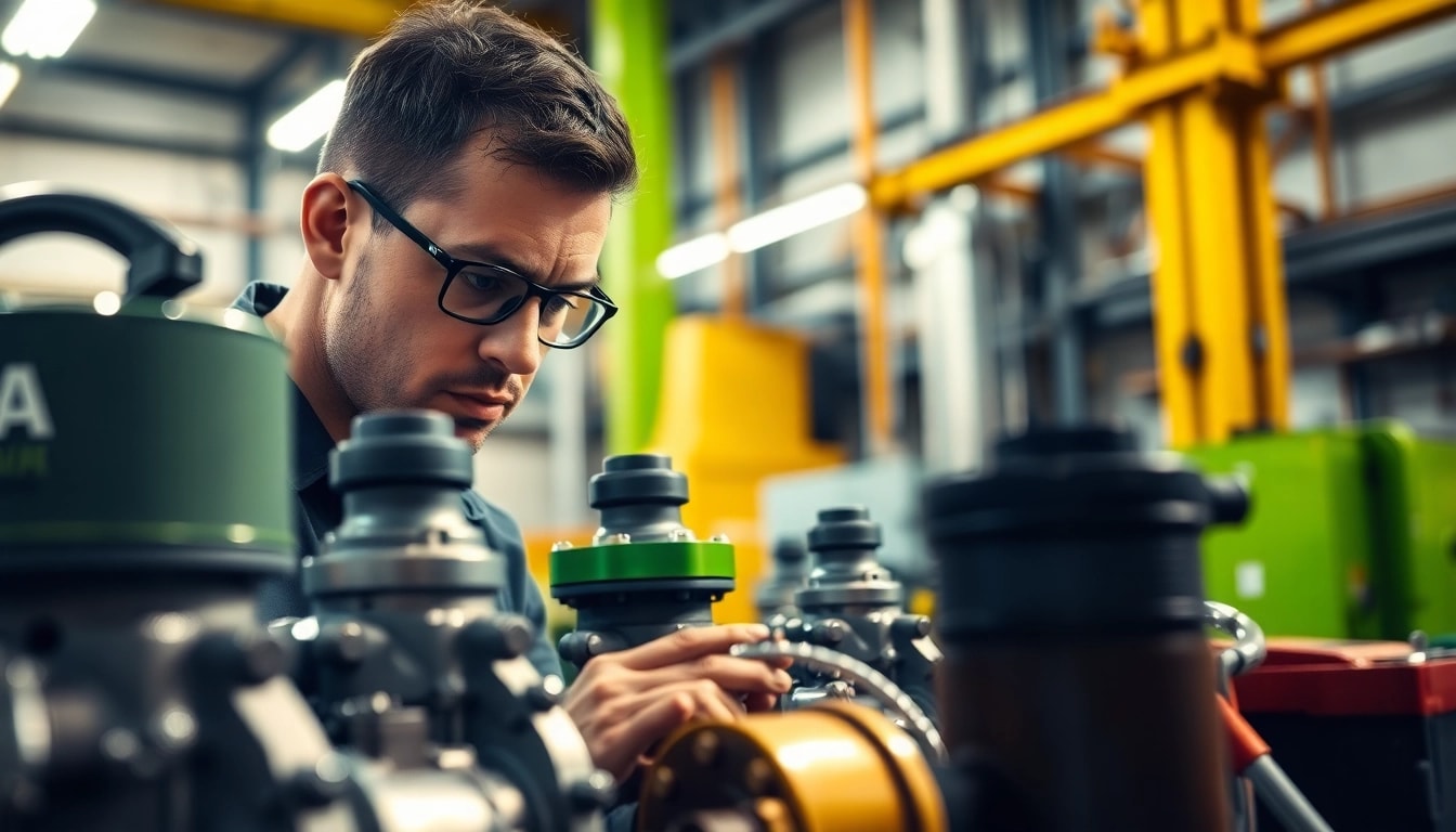 Providing hydraulic pump services with a technician analyzing machinery parts and tools in a workshop.