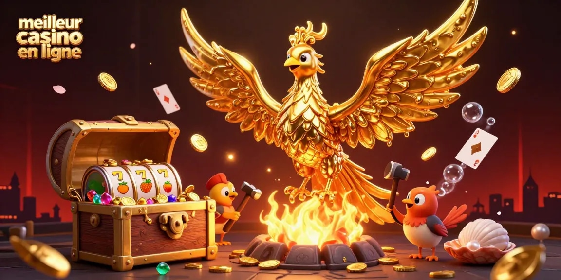 Plongez dans le meilleur casino en ligne avec cette illustration 3D captivante de la phoenix dorée.