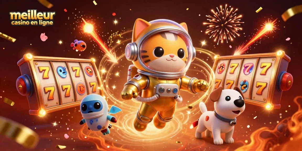 Jouer dans le meilleur casino en ligne avec un chat astronaute et un chien robot dans un univers vibrant.