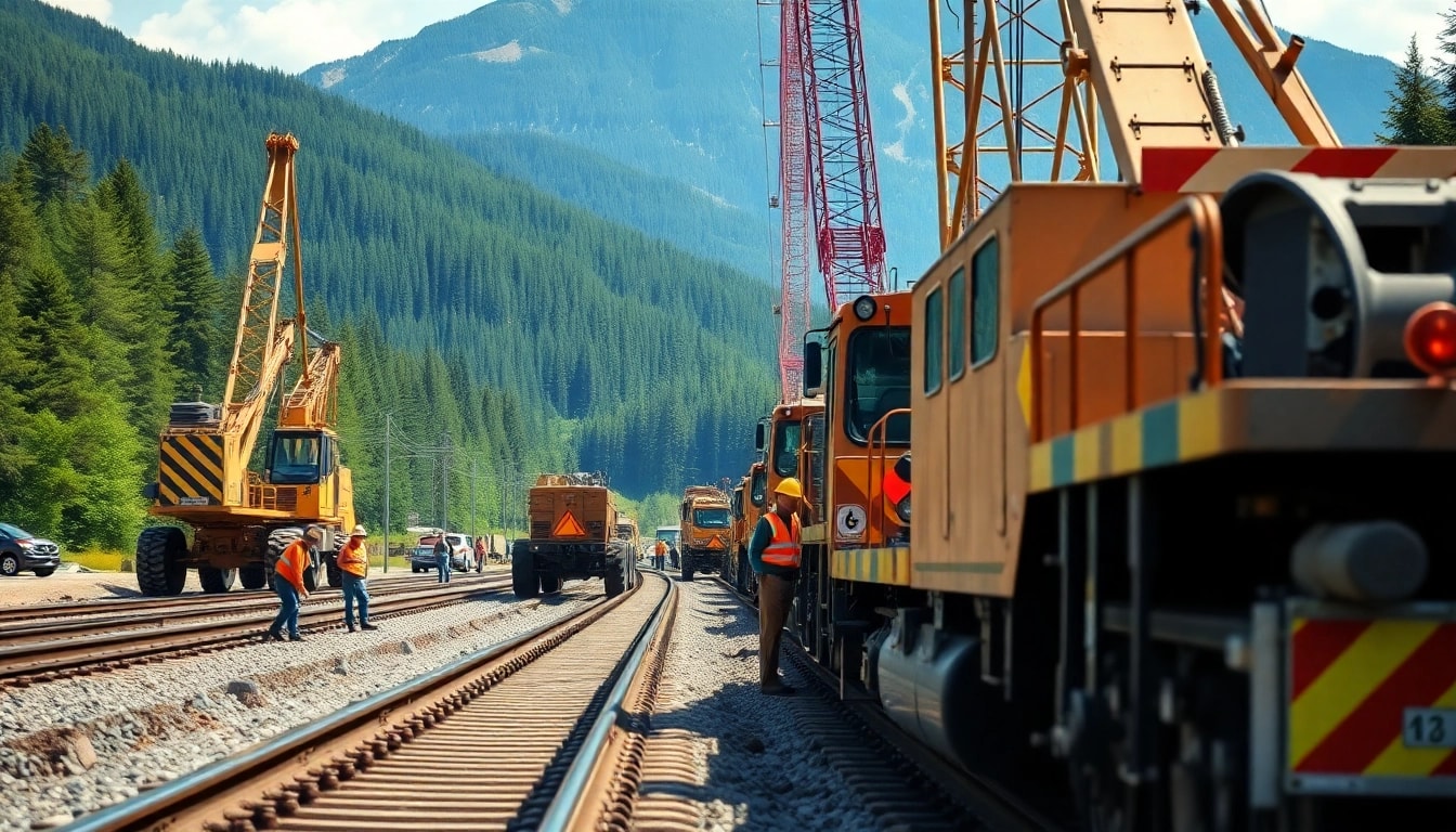 Rail contractor Canada managing railway construction with machinery amid a beautiful Canadian landscape.