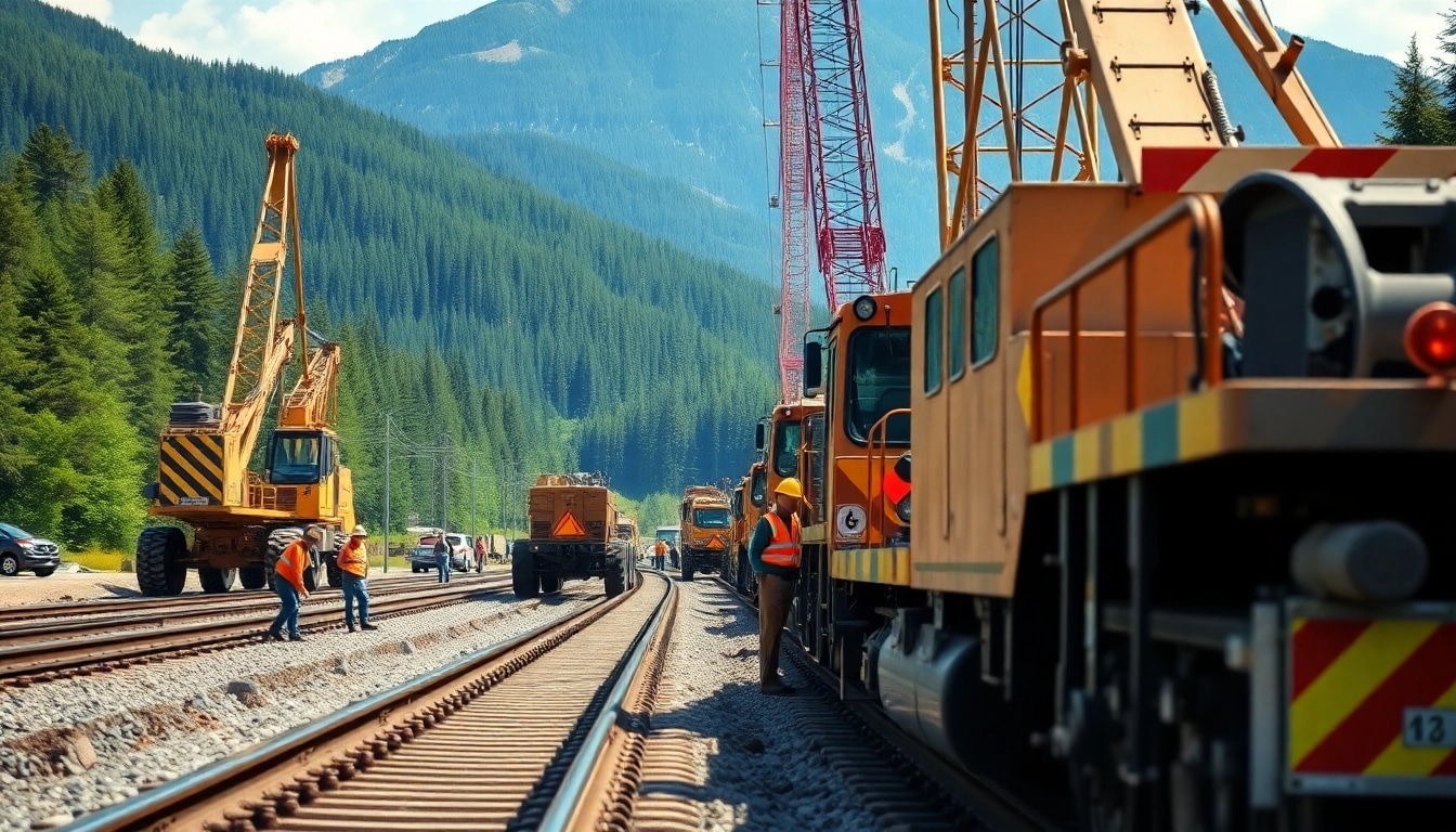 Rail contractor Canada managing railway construction with machinery amid a beautiful Canadian landscape.