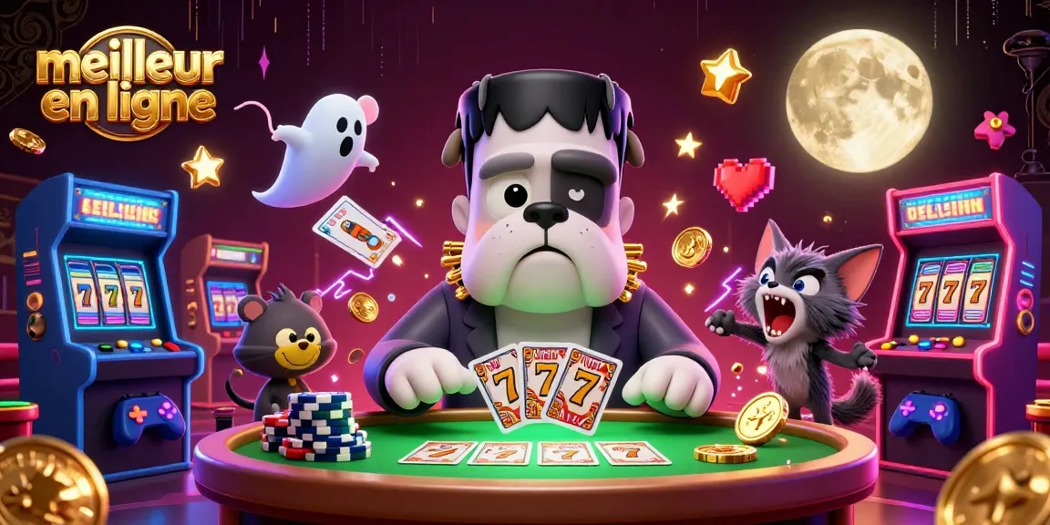 Découvrez le meilleur casino en ligne avec un bulldog Frankenstein et un chat loup dans un décor de casino animé.