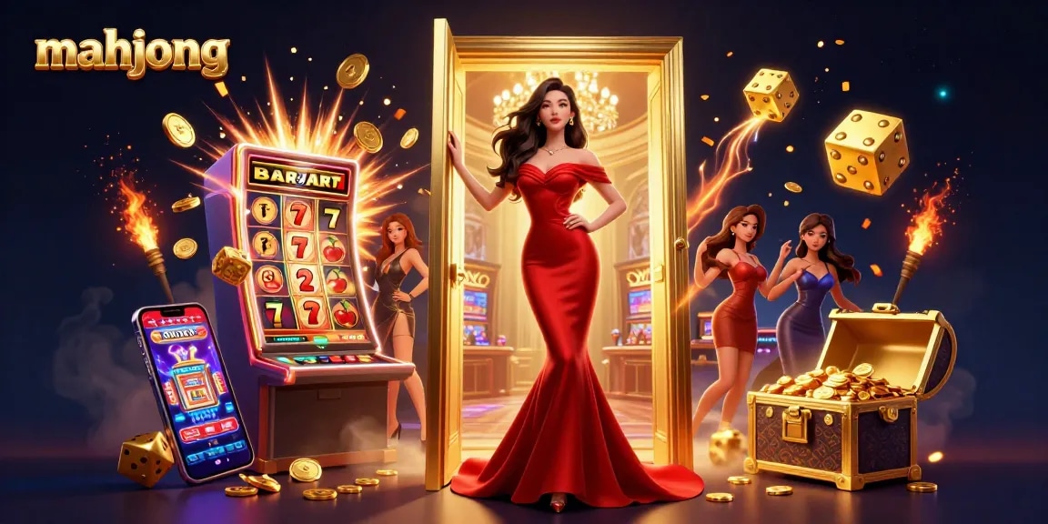Win at mahjong with a glamorous illustration of a beautiful woman at a casino, surrounded by jackpots and game elements.