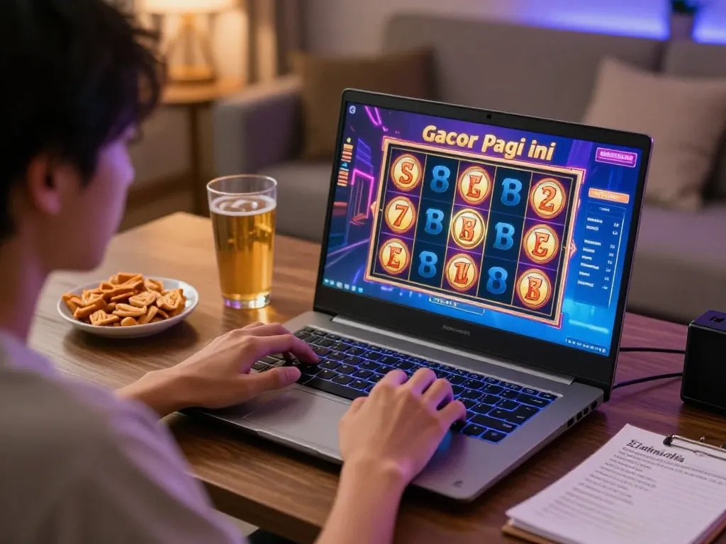 Engaging in slot gacor pagi ini gameplay with vibrant online interface during a cozy home session.