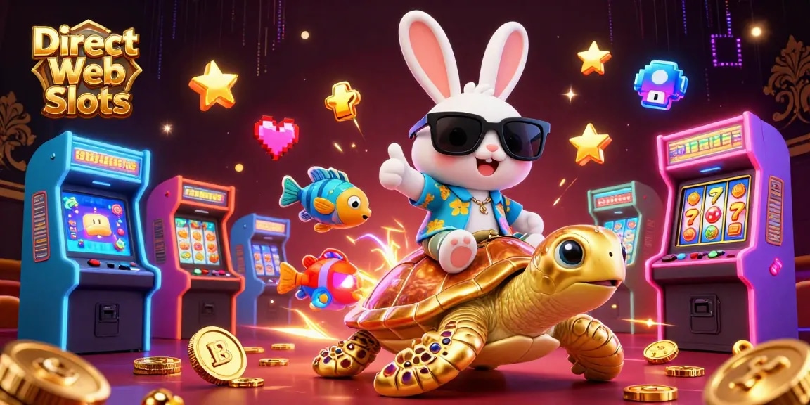 Spin and win with Direct Web Slots, featuring a lucky rabbit and golden turtle amidst dynamic casino elements.